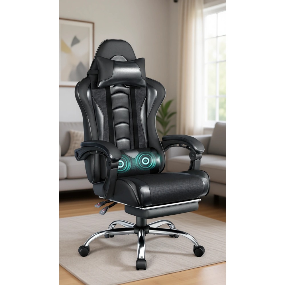 Gaming Chair Lumbar Pillow - เก้าอี้เกมมิ่งหนัง PU ที่นั่งสบายพร้อมที่วางเท้า หมอนรองหลังนวด และปรับเอนได้; โครงโลหะแข็งแรงรองรับน้ำหนักได้ถึง