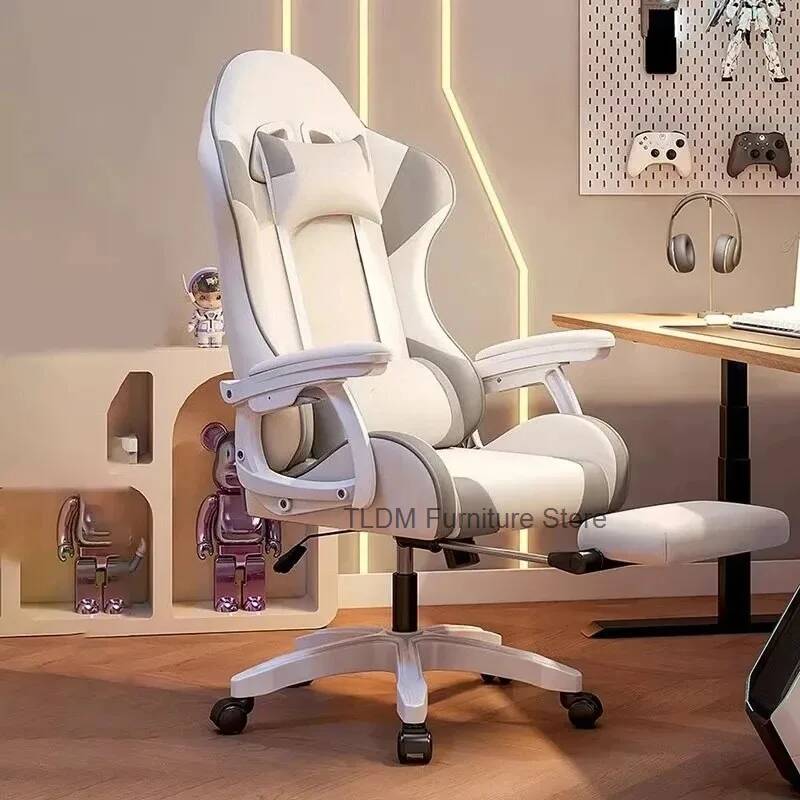 Gaming Chair Lumbar Pillow - เก้าอี้สำนักงานเพื่อสุขภาพพร้อมพนักพิงหลังสีครีม วินด์ นอร์ดิก ไวท์ เก้าอี้เกมมิ่งน่ารัก พร้อมหมอนรองคอ