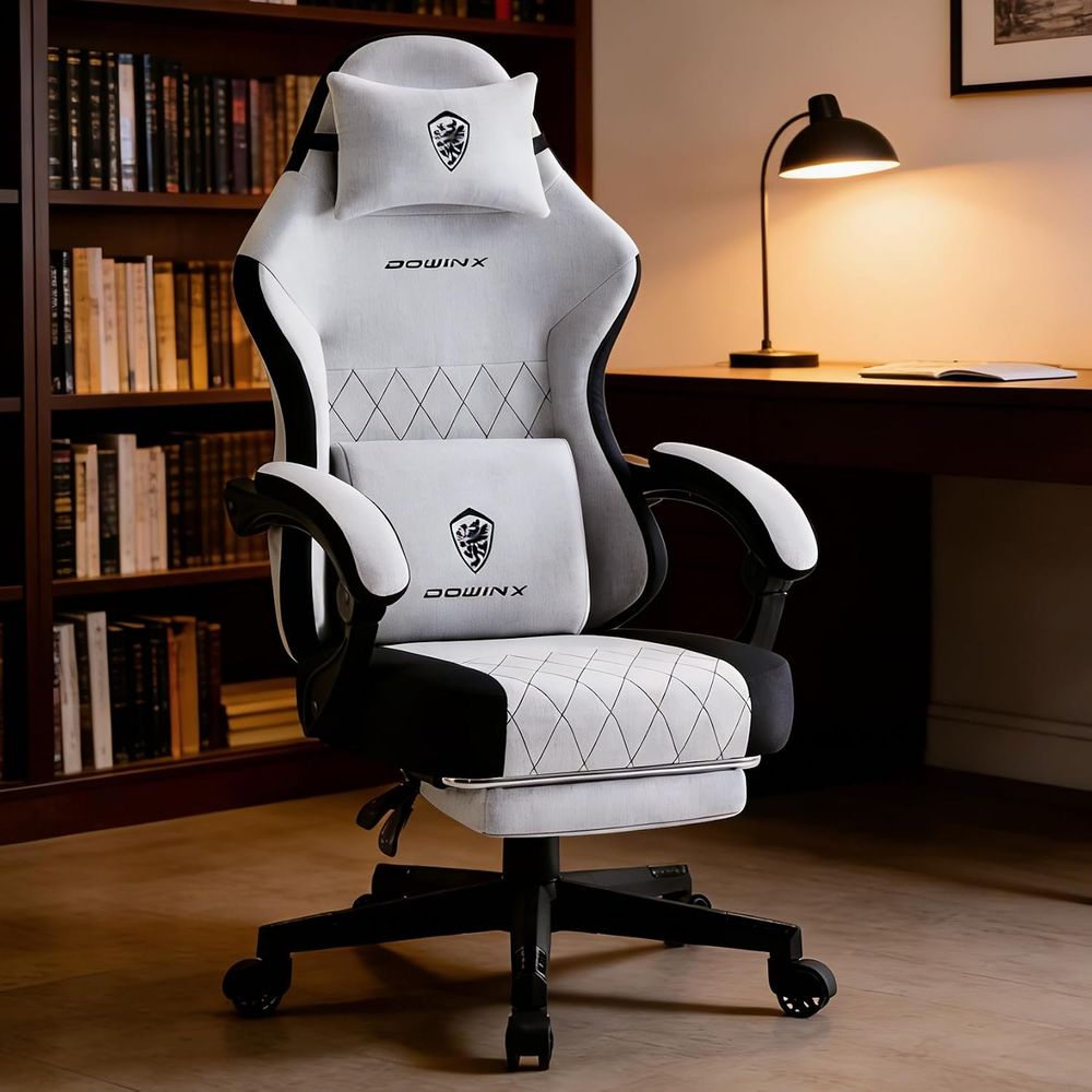 Gaming Chair Lumbar Pillow - เก้าอี้เกมมิ่งพร้อมเบาะรองนั่งแบบสปริง, หมอนรองหลังและที่วางเท้า, ที่นั่งกว้างพร้อมที่วางแขนบุนวม, ผ้าระบายอากาศ, ปรับเอนได้